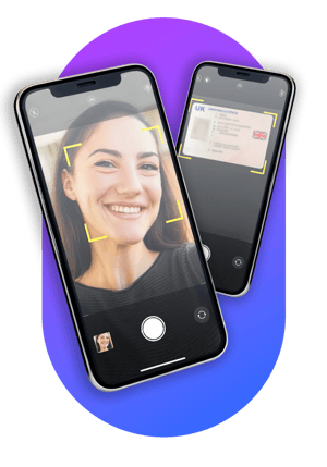 A graphic showing two mobile phones, one scanning ID and the other taking a selfie to meet KYC (Know Your Customer) requirements for eSIM application