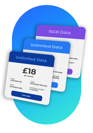 A graphic showing a set of three different eSIM mobile plans of varying data, calls and SMS as well as a variety of custom contract lengths